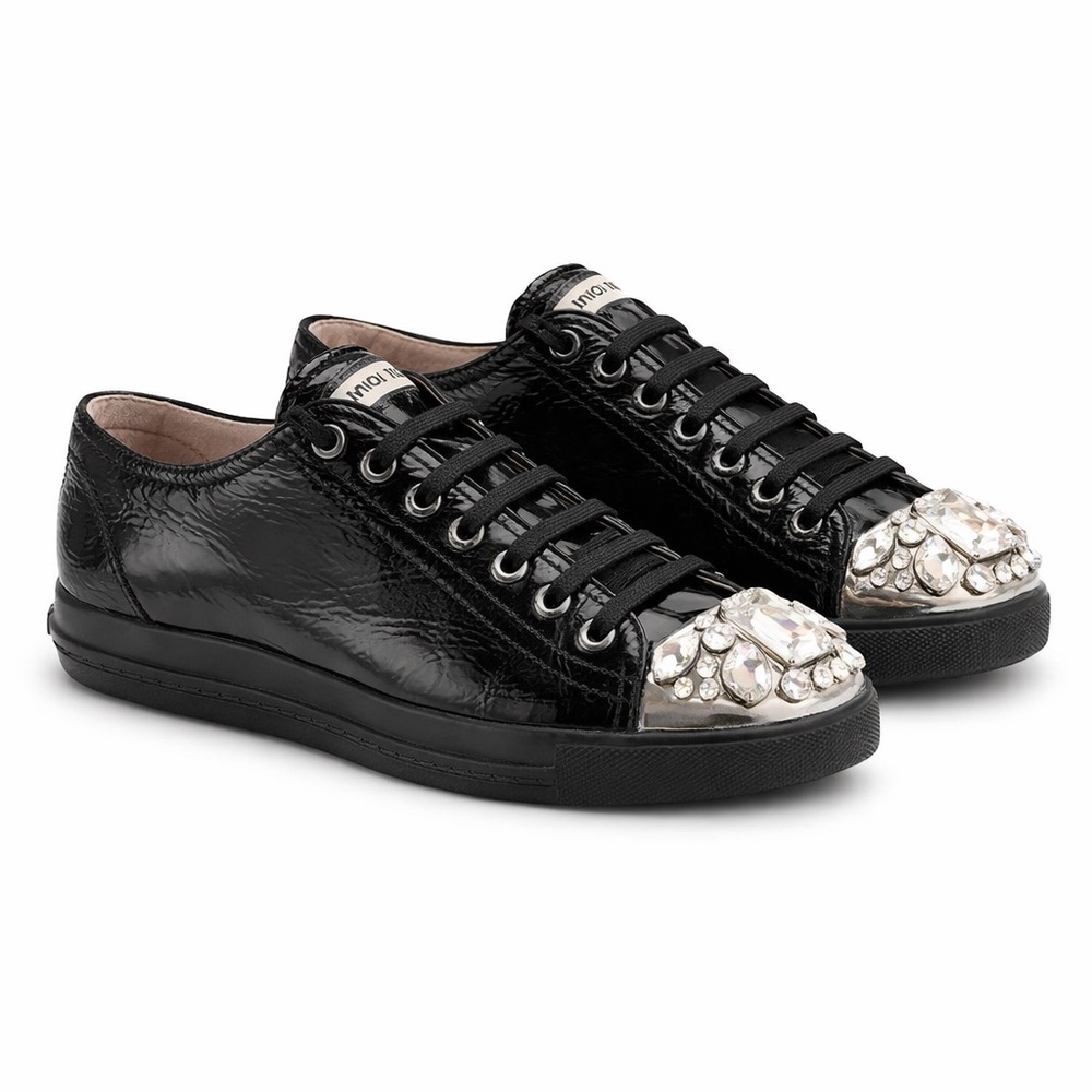 Miu Miu Crystal Toe Patent Leather Sneakers EU 36.5 Black Lace Up Luxury - Picture 4 of 9